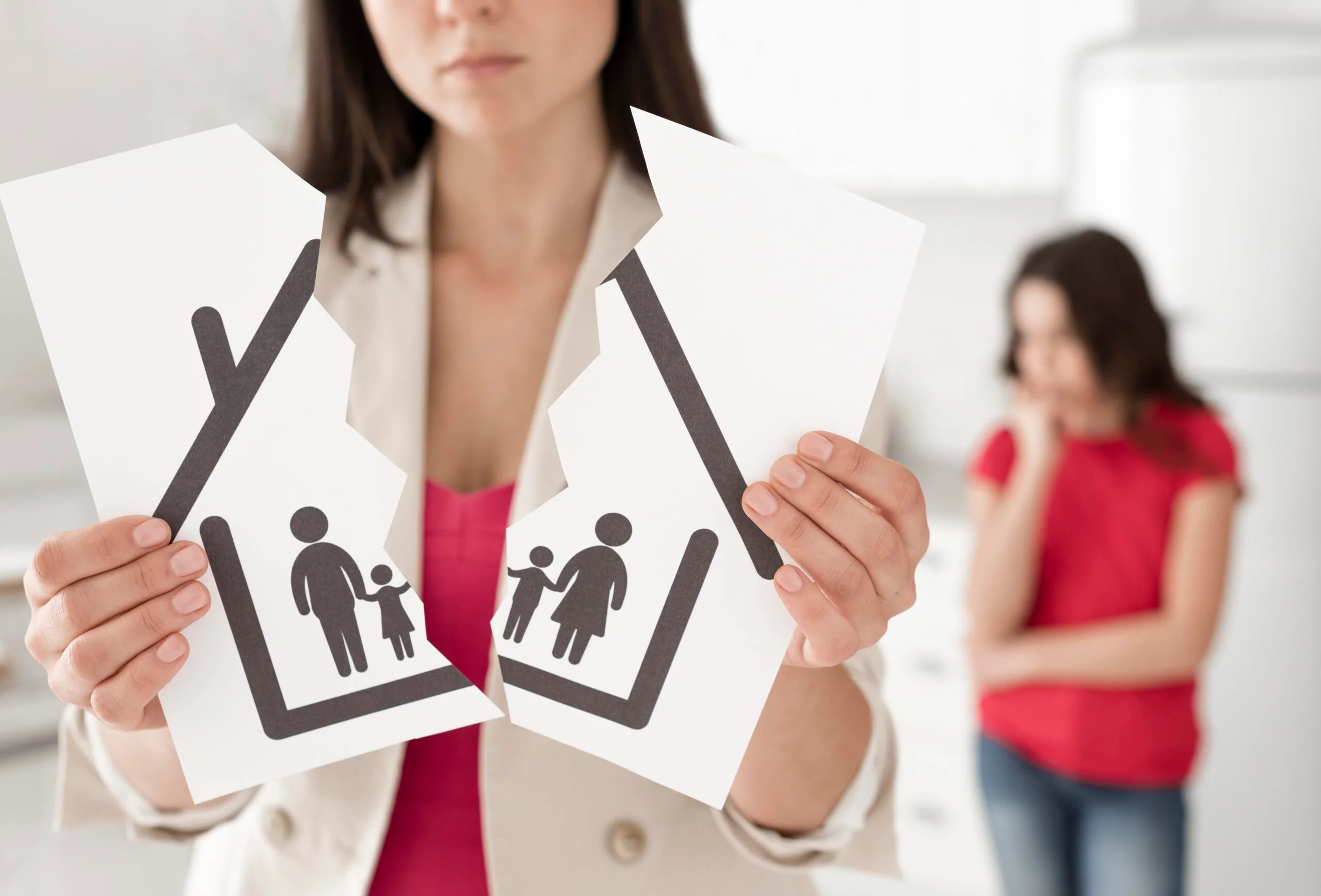 portrait woman holding family drawing scaled